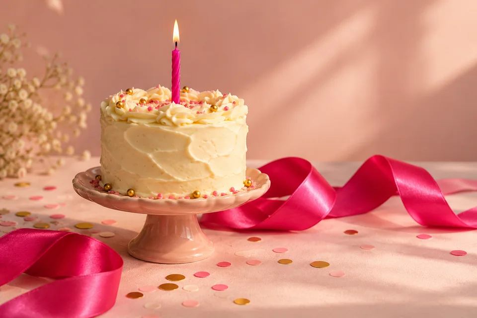 Bolo de aniversário com vela acesa e fita pink em uma mesa rosa, arte original do Pix Surpresa