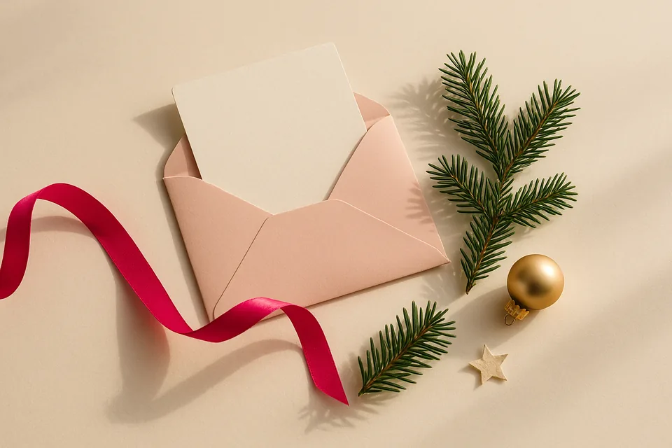 Fita pink, bilhete e enfeites de Natal em tons creme sobre a mesa, arte original do Pix Surpresa