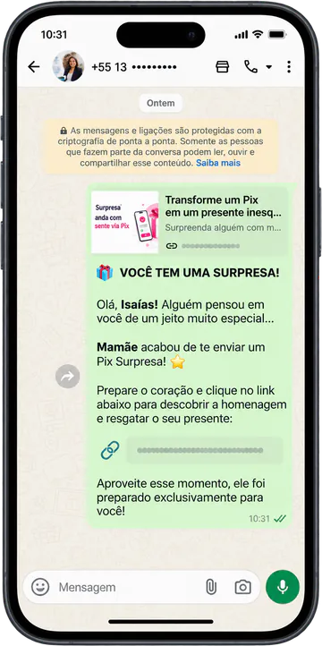 Mensagem no WhatsApp avisando que a pessoa recebeu um Pix Surpresa